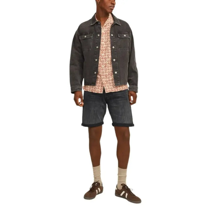 Black denim jacket with button closures and chest pockets for Jack & Jones men’s shorts