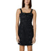 Black denim mini dress with structured bodice and thin straps by Tommy Hilfiger