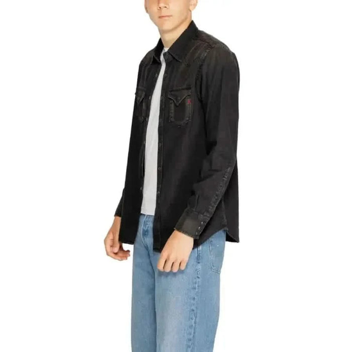 Replay Men Black Denim Shirt over White T-Shirt with Blue Jeans Outfit