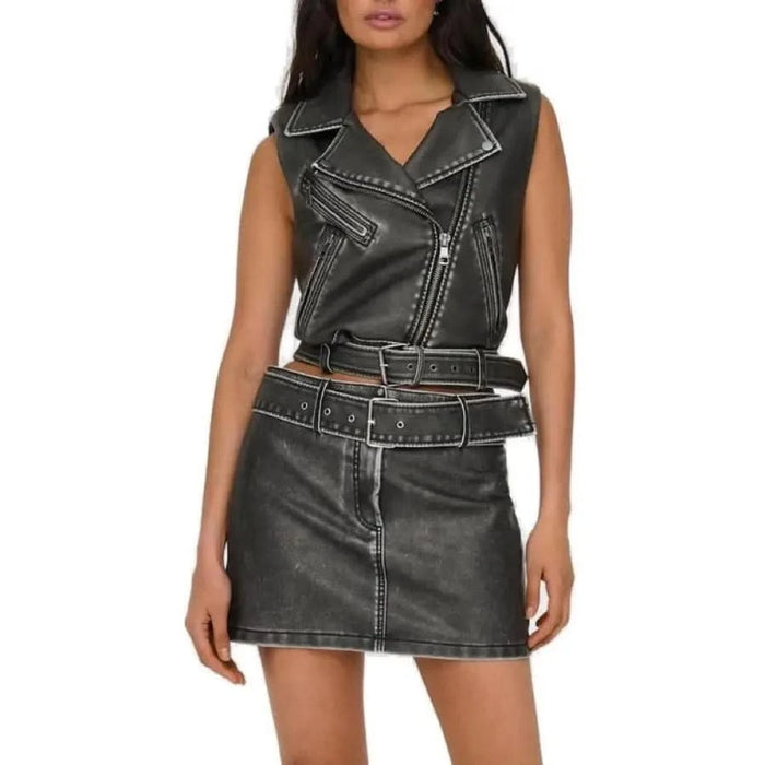 Black denim sleeveless dress with moto details and double belt accents from Only Women