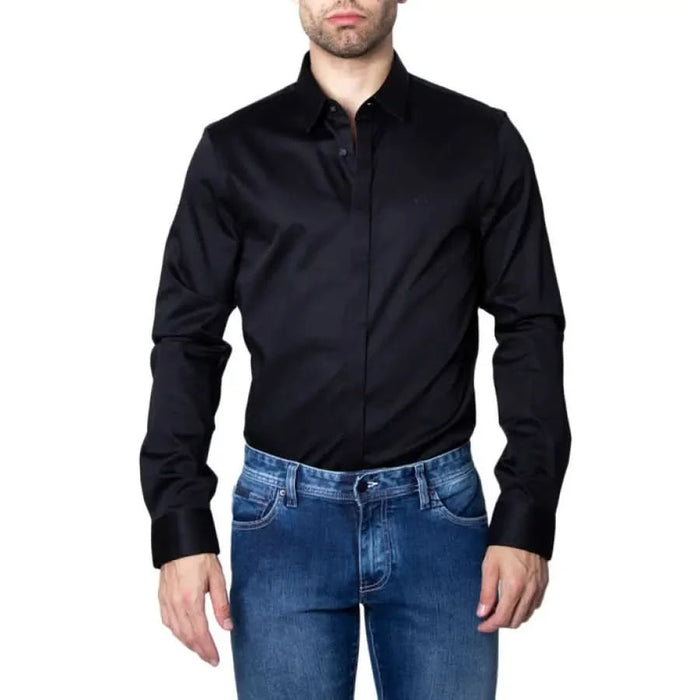 Armani Exchange Men Shirt: Black dress shirt tucked into blue jeans