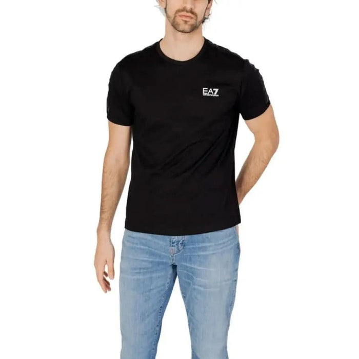 Black EA7 logo t-shirt paired with light blue jeans from EA7 Men T-Shirt collection