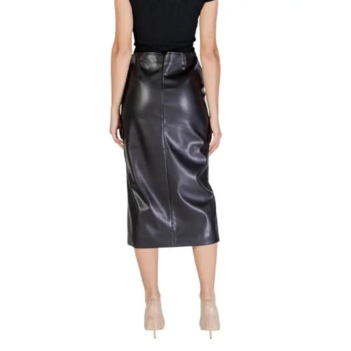 Black faux leather midi pencil skirt by Ichi featuring back seam detail