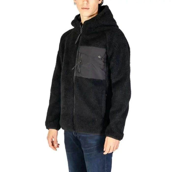 Black fleece jacket with nylon chest pocket and hood from Hydra Clothing Men Jacket