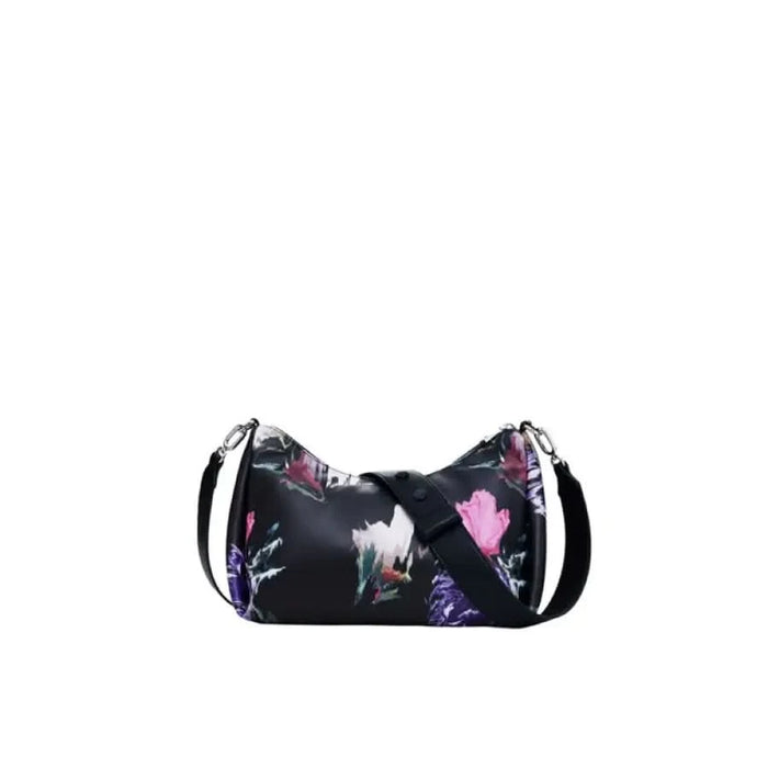 Black floral print handbag with curved shape and shoulder strap by Desigual