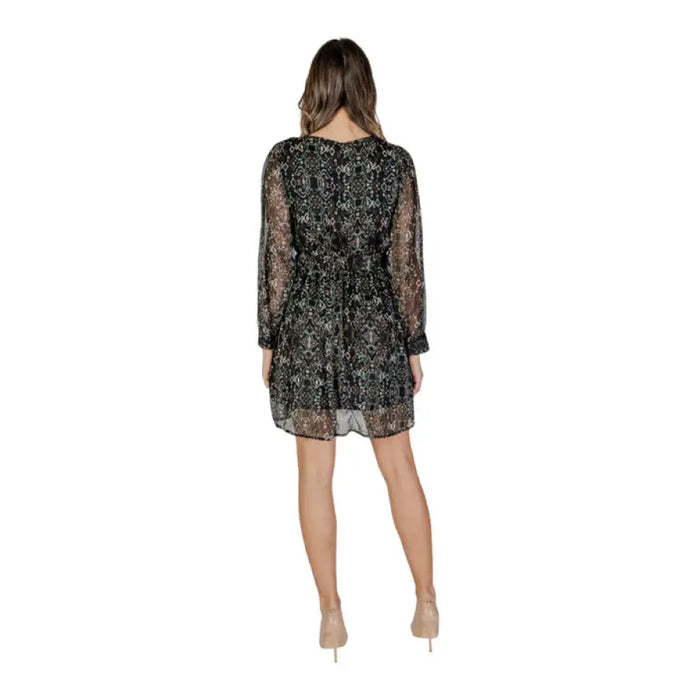 Black floral sheer long-sleeved mini dress back view from Only Women Dress collection