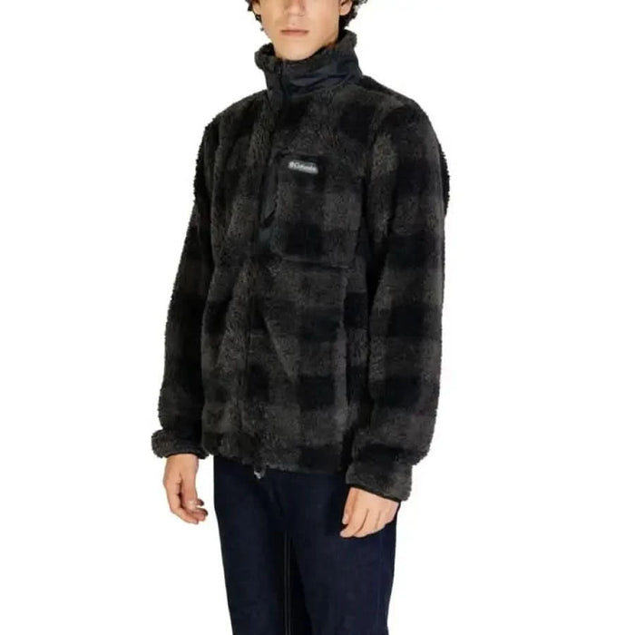 Black and gray plaid fleece zip-up jacket with high collar by Columbia