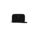 Black Guess wallet featuring a triangular logo and zipper closure for women