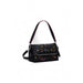 Black handbag with colorful floral embroidery and adjustable strap by Desigual