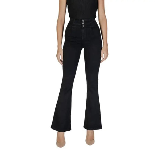 Black high-waisted flared jeans with decorative buttons at the waist by Only Women Trousers