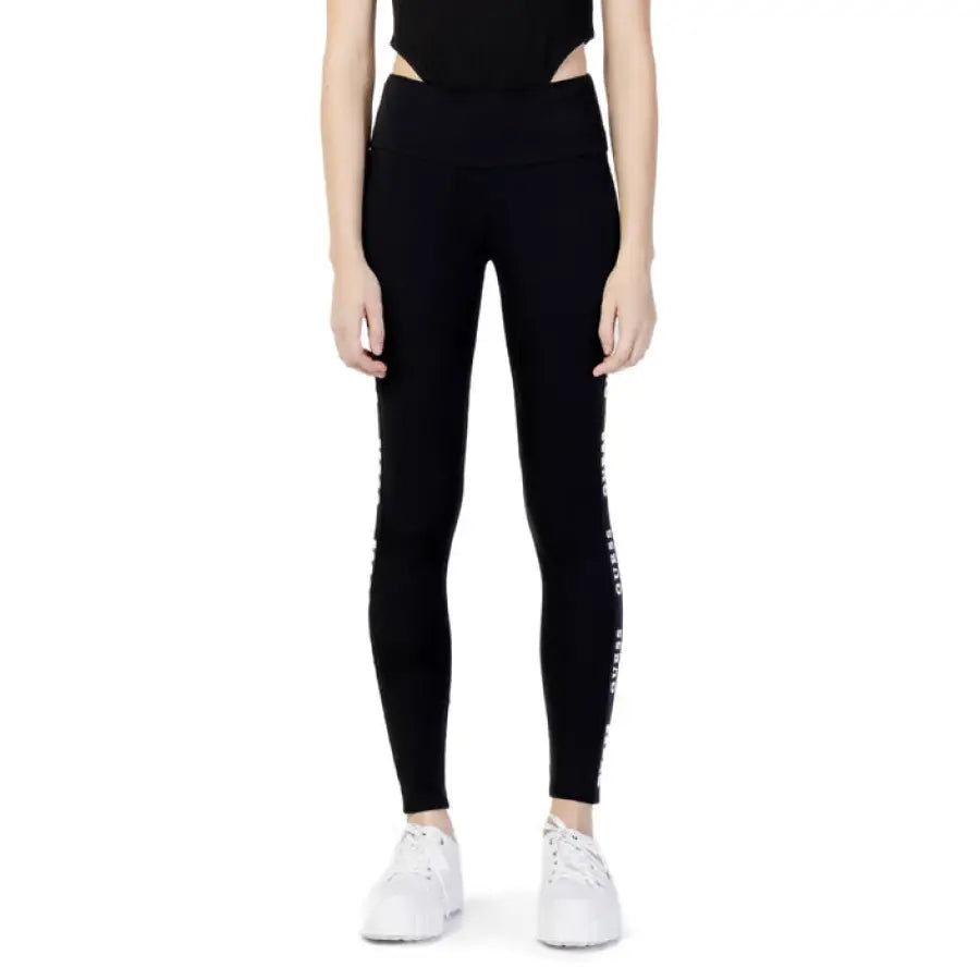 Black high-waisted Guess Active leggings with side text detailing for women