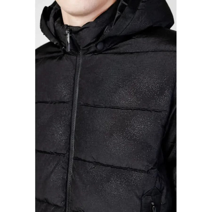 Black hooded puffer jacket with zipper closure from EA7 for men, stylish and functional