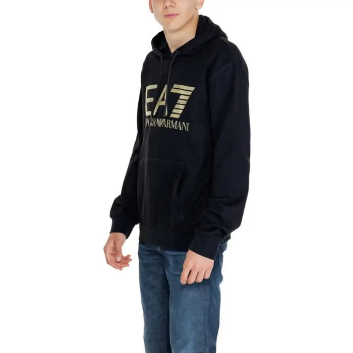 Black hooded sweatshirt with gold EA7 Emporio Armani logo for men in EA7 Men Sweatshirts collection