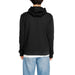 EA7 Men Sweatshirts: Black hooded sweatshirt worn by person with curly hair and blue jeans