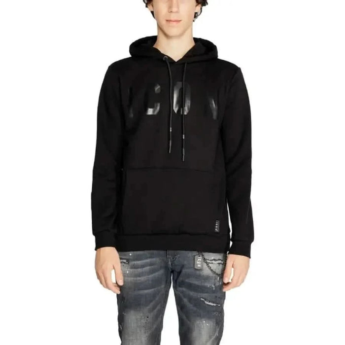 Black hooded sweatshirt with glossy logo, perfect for Icon Men Sweatshirts collection