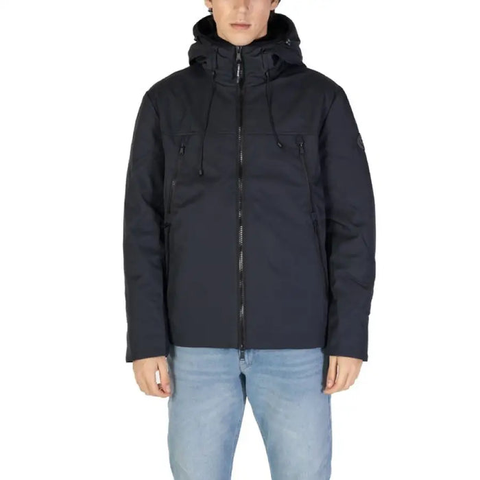 Black hooded winter jacket featuring full-length zipper and front pockets by Gas Men