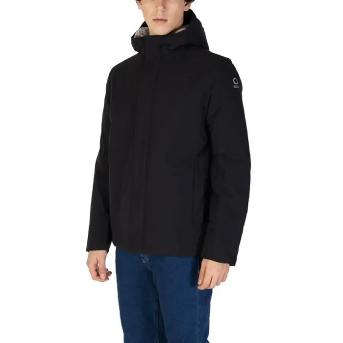 Men’s Black Turtleneck Jacket with Hood, High Collar, and Front Pockets for Winter