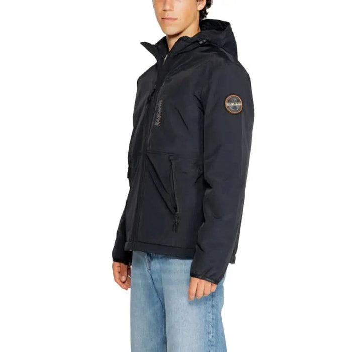 Black hooded winter jacket with circular logo patch, Napapijri Men Jacket