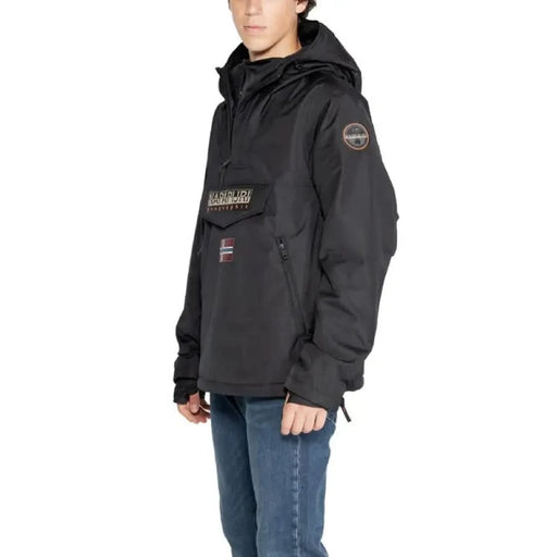 Black hooded winter jacket with logo patch on sleeve from Napapijri Men Jacket