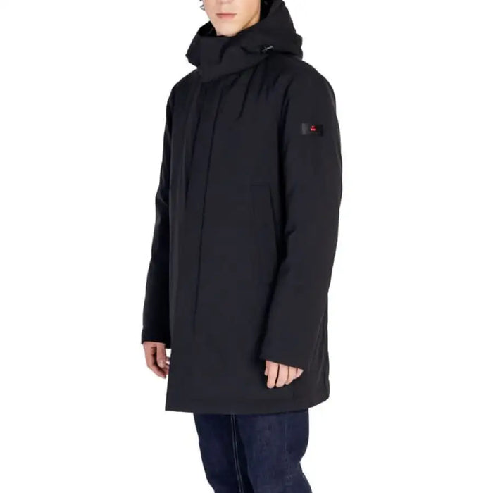 Black hooded winter parka with red logo patch on sleeve from Peuterey Men Jacket