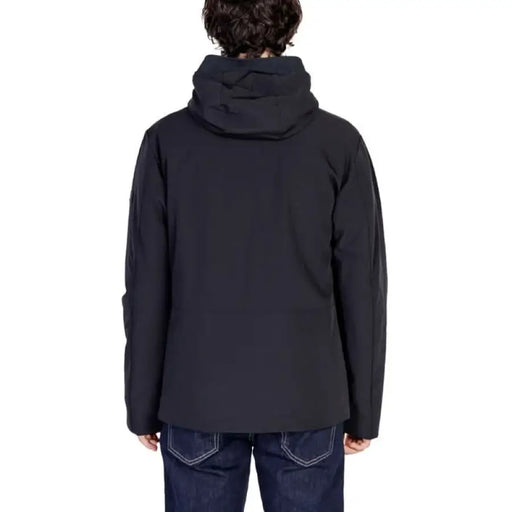 Black hooded winter jacket for men displayed from the back by Peuterey