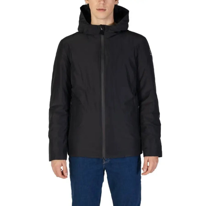 Black hooded winter jacket with zipper and front pockets by Suns for men