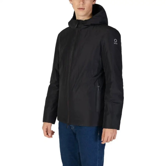 Black hooded winter jacket with zippered pockets for men by Suns, featuring front pockets