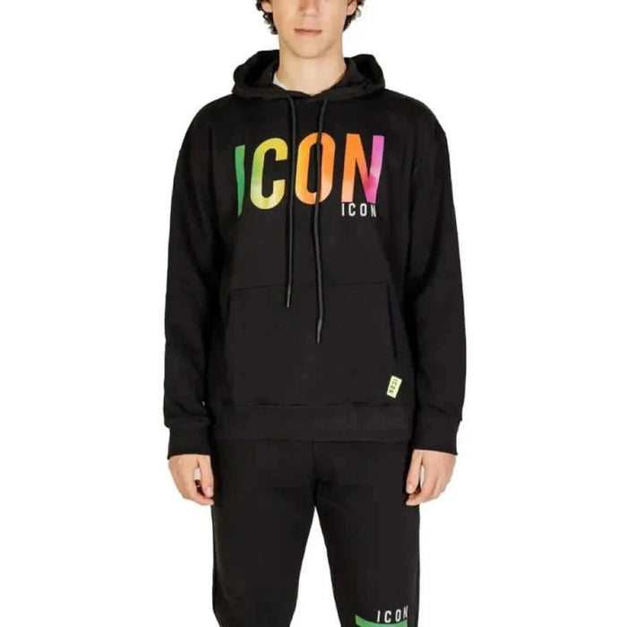 Black hoodie featuring colorful ICON text for the Icon Men Sweatshirts collection