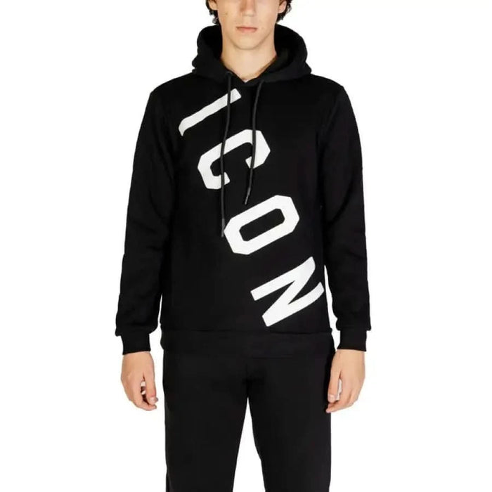 Black hoodie sweatshirt for Icon Men featuring diagonal white ICON text