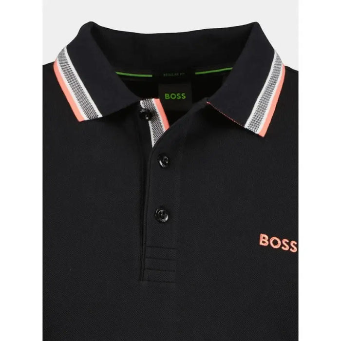 Black Hugo Boss polo shirt with striped collar and coral logo, 100% cotton