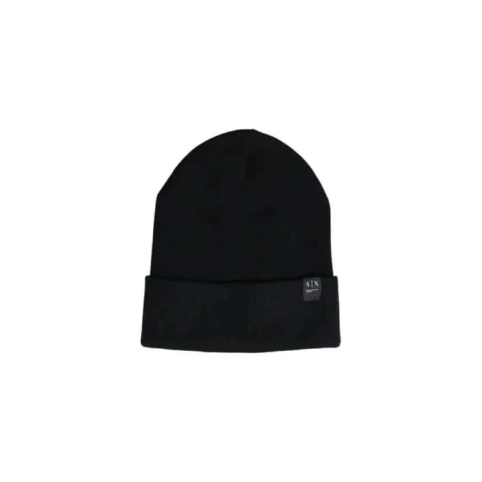 Black knit beanie with cuff featured in Armani Exchange Men Cap product display