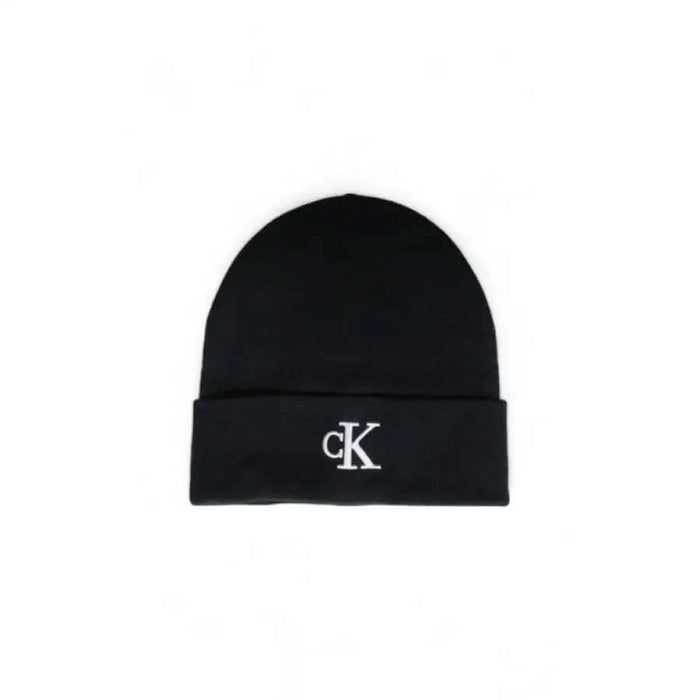 Black knit beanie featuring a white CK logo, part of Calvin Klein Men Cap collection