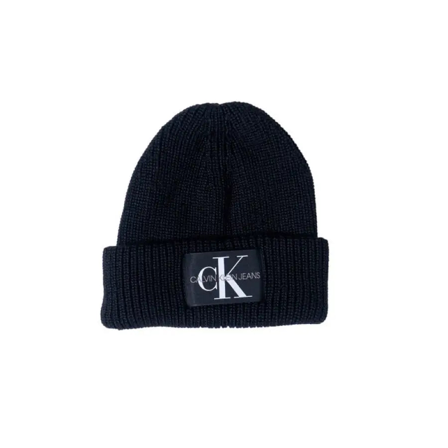 Black knit beanie with Calvin Klein Jeans logo patch, perfect for stylish women