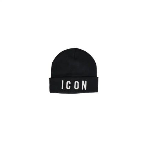 Black knit beanie hat with ICON text embroidered on the folded brim, Icon Men Cap