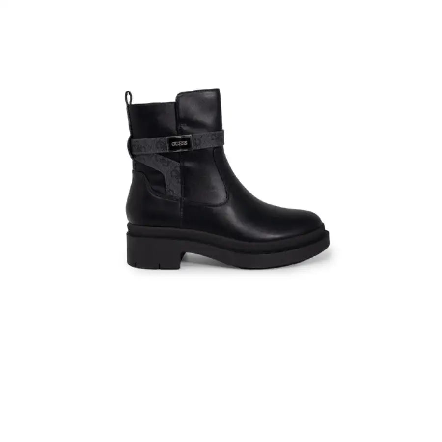 Black leather ankle boot with strap detail and chunky sole - Guess Women Boots
