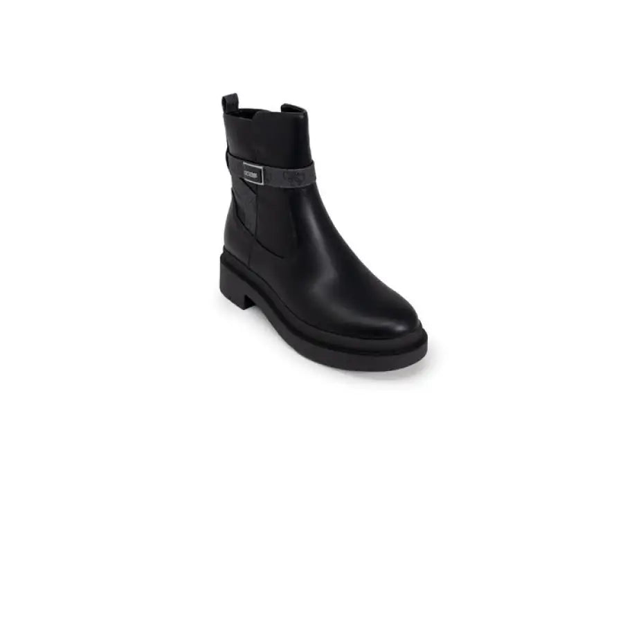 Black leather ankle boot with strap detail and chunky sole by Guess - Guess Women Boots