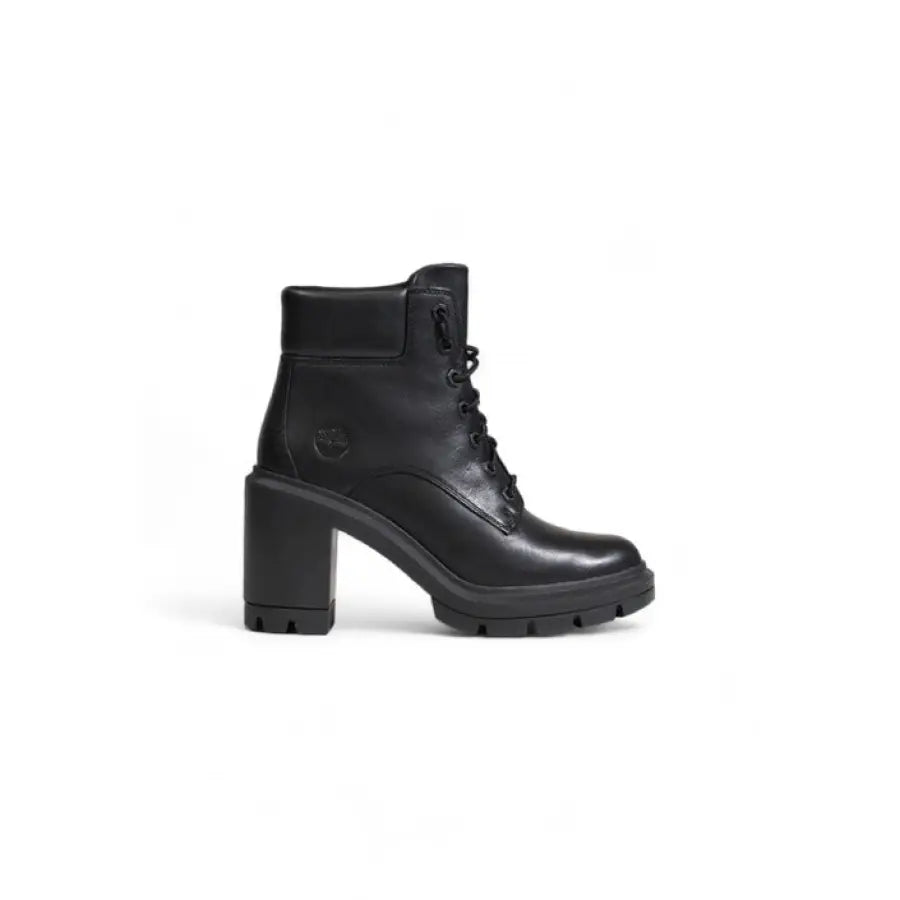 Timberland Women’s Black Leather Ankle Boot with Chunky Heel and Lug Sole