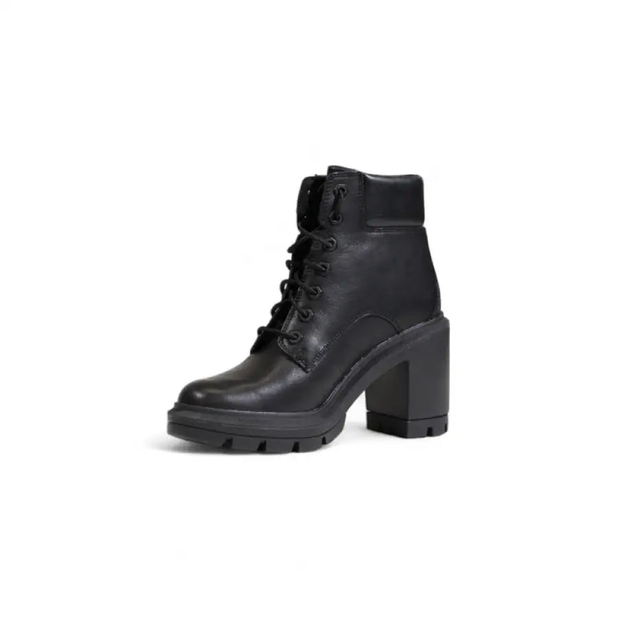 Timberland Women Boots: Black leather ankle boot with chunky heel and lace-up front