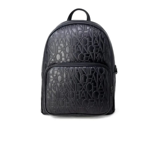 Black leather backpack with embossed text pattern from Armani Exchange Men Bag