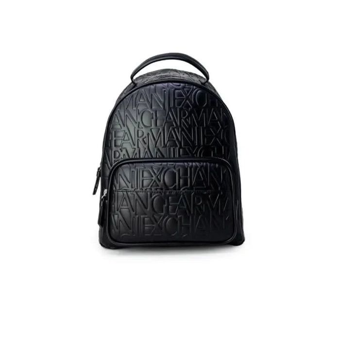 Black leather backpack with embossed text pattern from Armani Exchange Women Bag