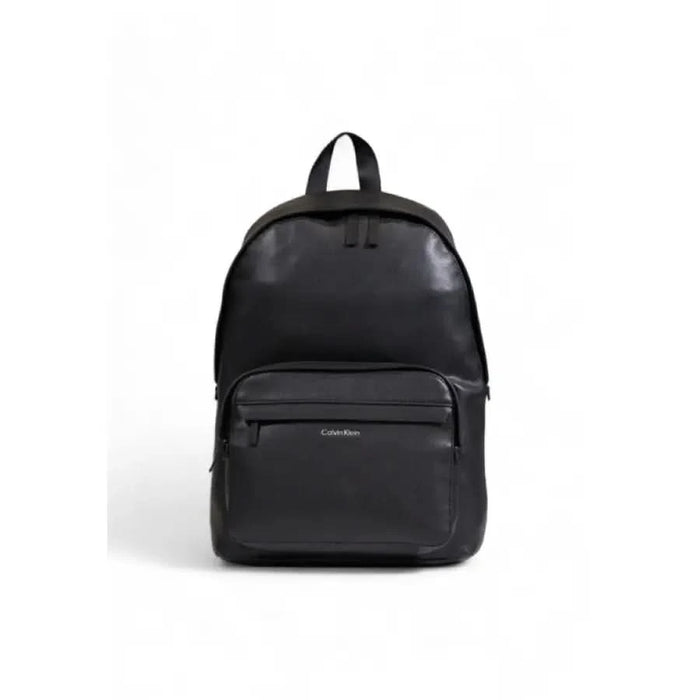 Black leather backpack with front pocket and top handle by Calvin Klein Men Bag