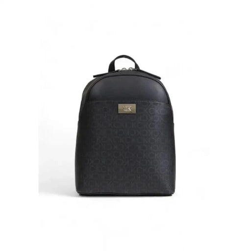 Black leather backpack with textured pattern and gold-tone hardware by Calvin Klein Women