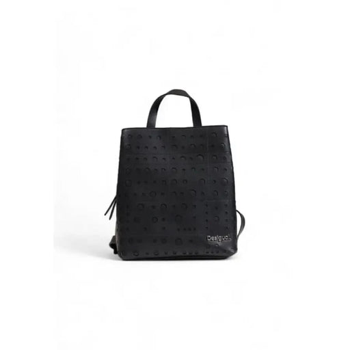 Black leather backpack with perforated design and logo from Desigual Women Bag