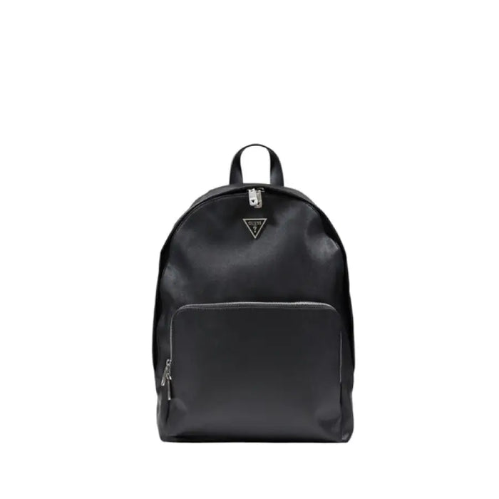 Black leather backpack featuring triangular logo and front pocket by Guess