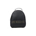 Black leather backpack featuring metallic Love Moschino text on the front