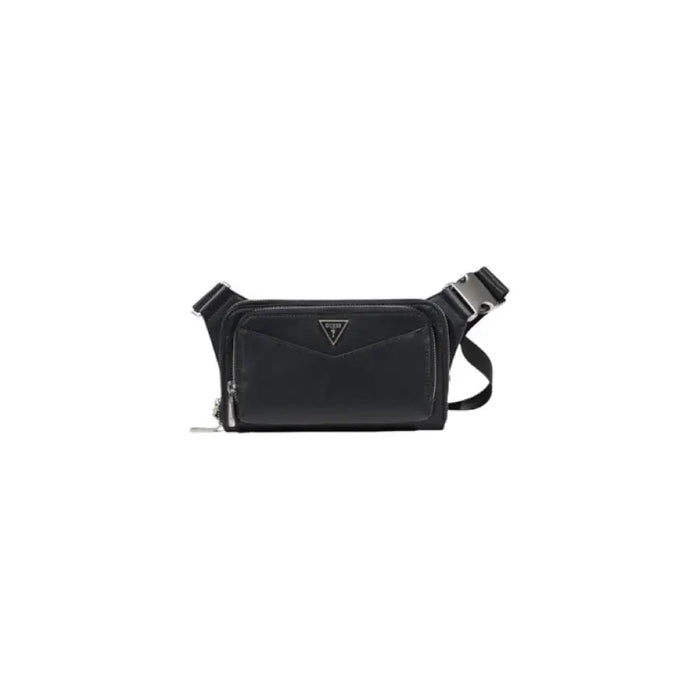 Black leather belt bag featuring a triangular logo and zipper closure by Guess