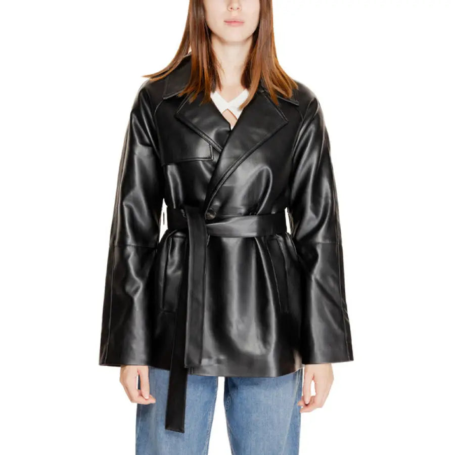 Black leather belted jacket with wide lapels and long sleeves - Only Women Jacket
