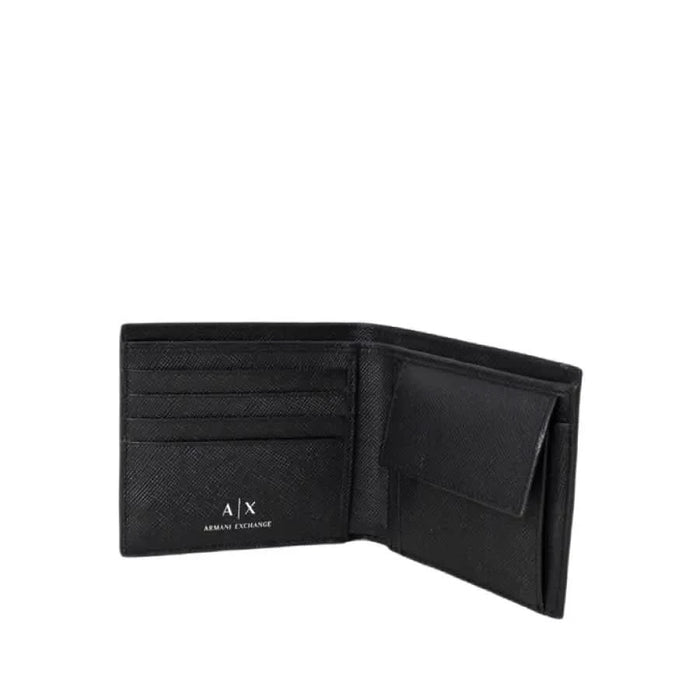 Black leather bifold wallet with Armani Exchange branding showcased in Armani Exchange Men Wallet