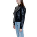 Calvin Klein Women’s Black Leather Bomber Jacket with Light Blue Jeans on Model