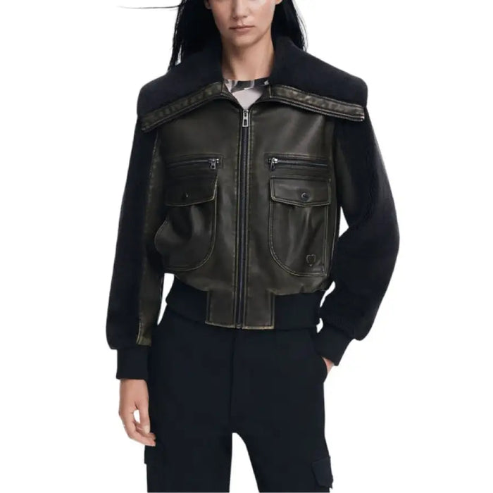 Black leather bomber jacket with knit sleeves and collar from Desigual Women Jacket